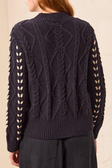 CONTRAST LACE-UP CABLE KNIT CREW NECK SWEATER
