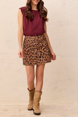 LEOPARD PRINT DENIM MINI A-LINE SKIRT WITH PATCH POCKETS
