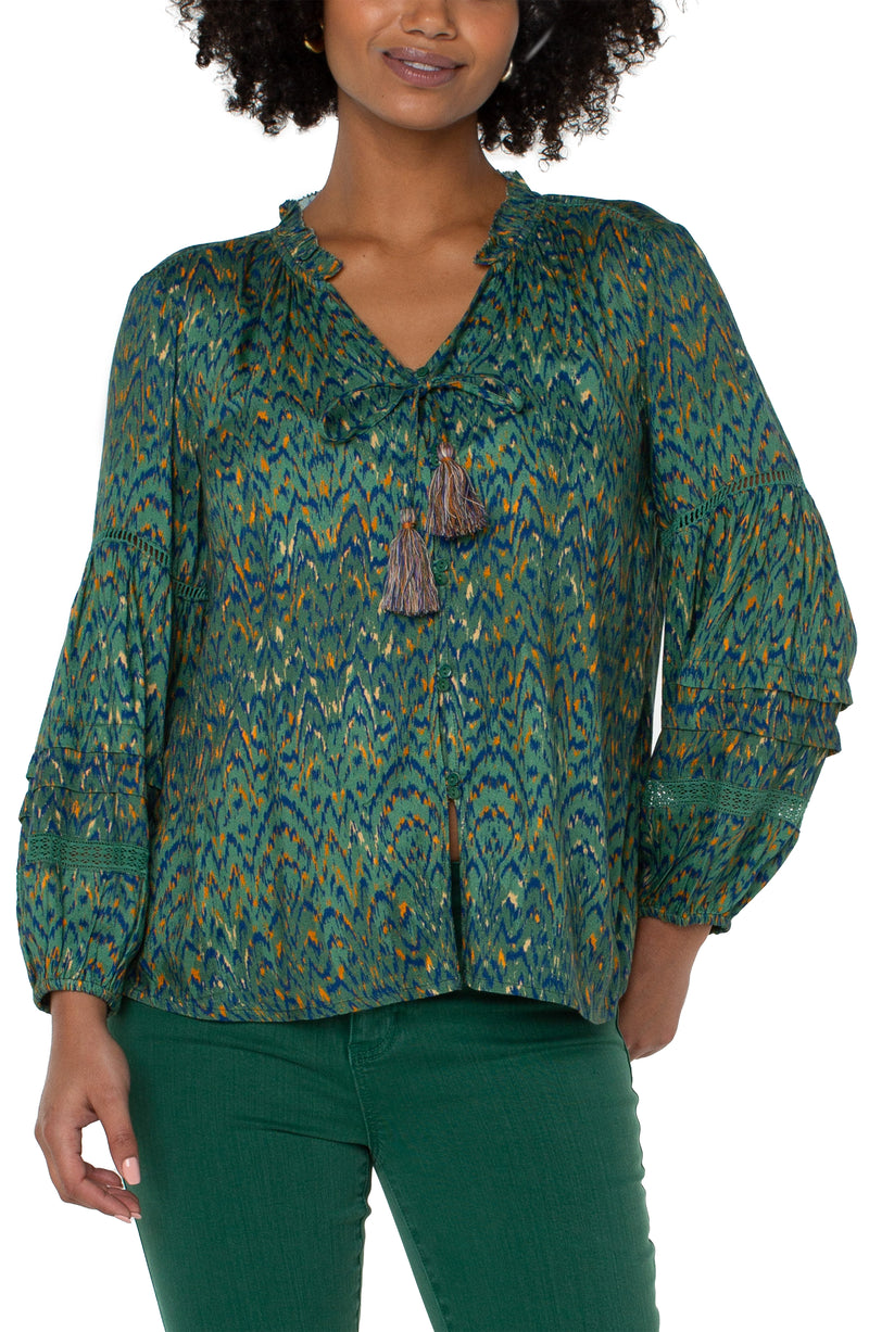 Long Sleeve Popover Shirred Blouse