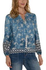 Long Sleeve Button Front Shirred Woven Top