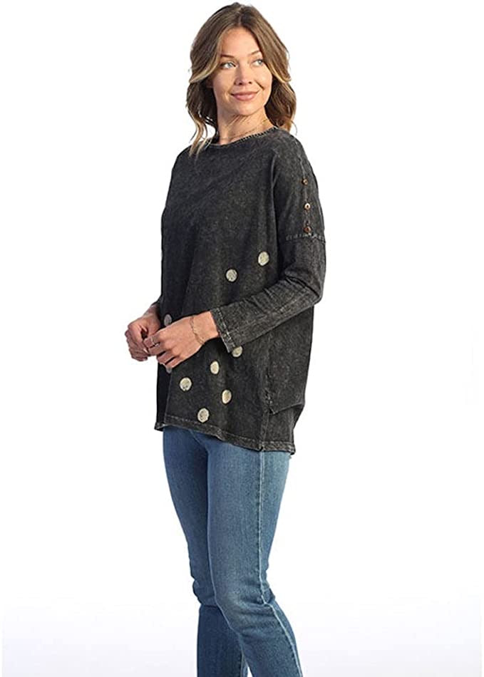 Mineral Washed 100% Cotton Slub Dolman Sleeve Top With Button Accents